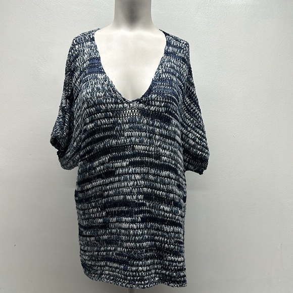 Eileen Fisher Sweater Top V-Neck Knit Brushstroke Cotton Tape Blue Size Large - Picture 2 of 8